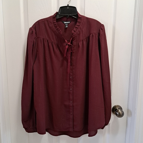 DKNY Women's Lurex Blouse Burgandy Long Sleeve Ruffle Top Medium NWOT - Picture 14 of 14
